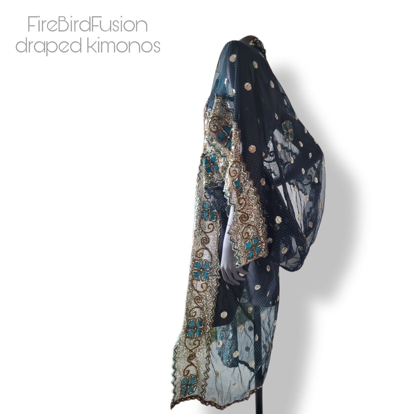 Draped kimono in stiffer net fabric, teal with beautiful heavy hand embrodery in gold and teal (M-L)
