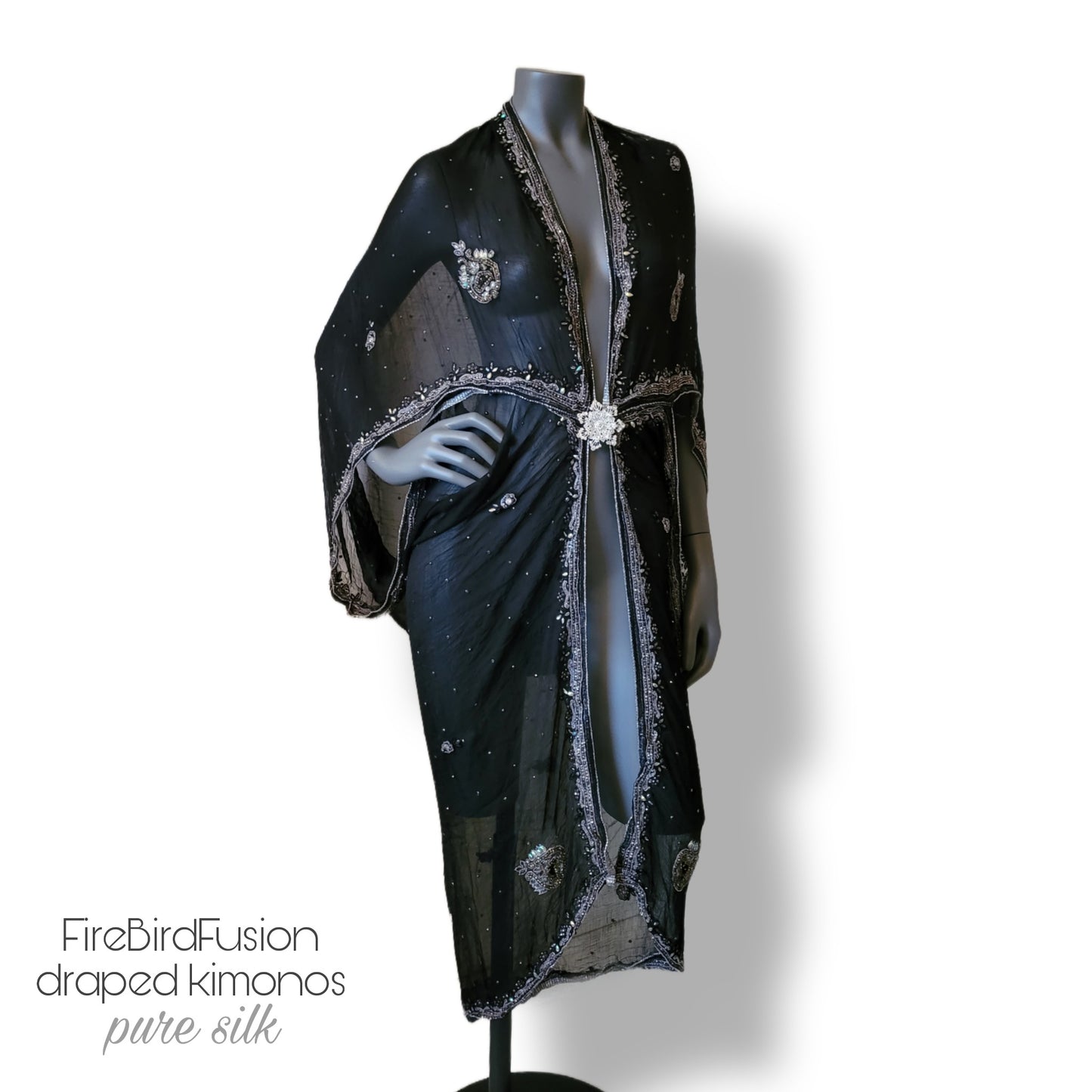 Luxurious draped pure silk kimono, black with beautiful hand embroidered pattern in silver and irredecent gray (L-XL) RESERVED