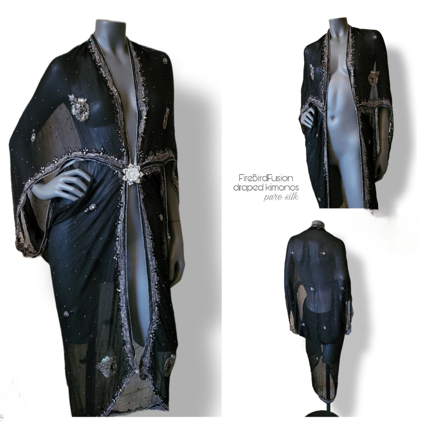 Luxurious draped pure silk kimono, black with beautiful hand embroidered pattern in silver and irredecent gray (L-XL) RESERVED
