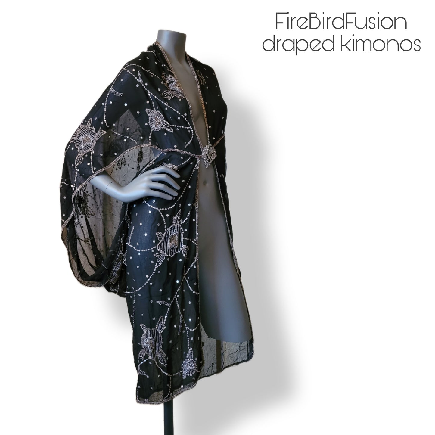 Draped kimono in black with golden embroidery (S)