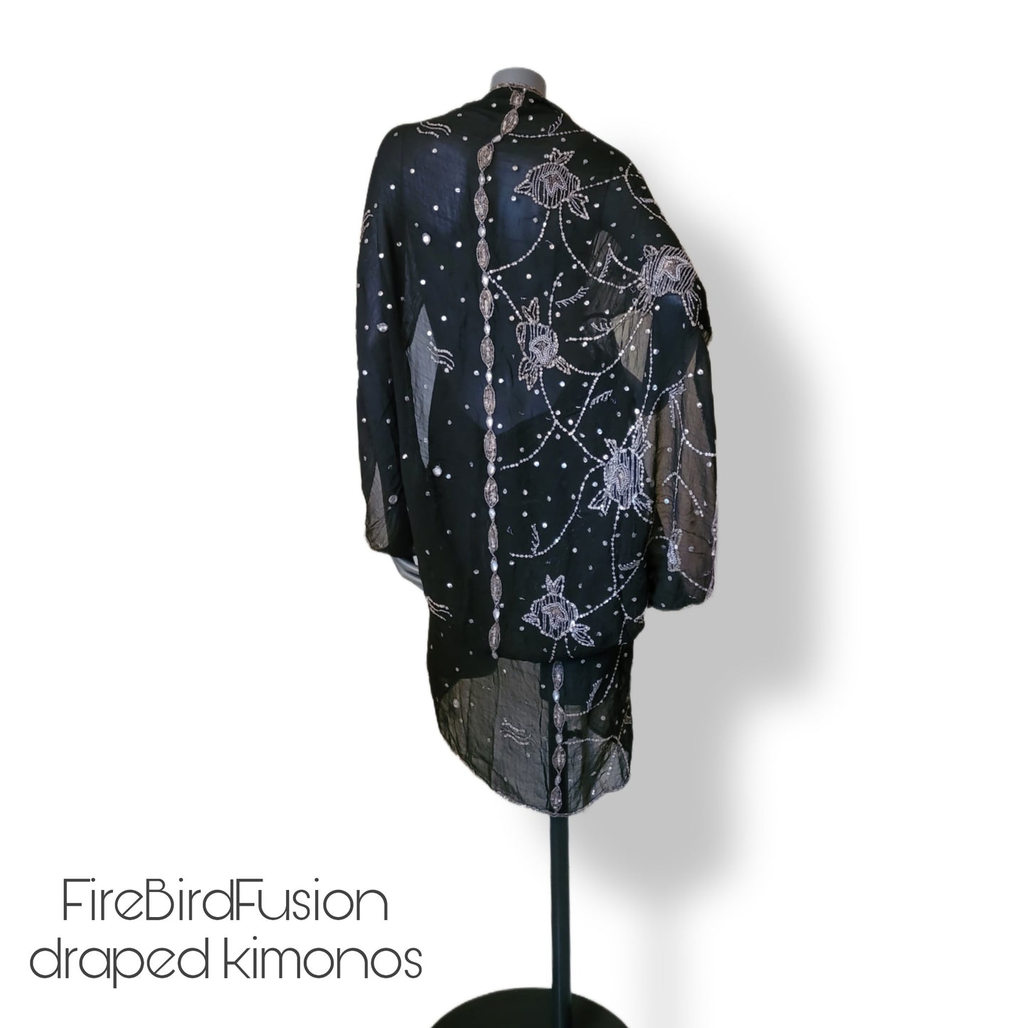 Draped kimono in black with golden embroidery (S)