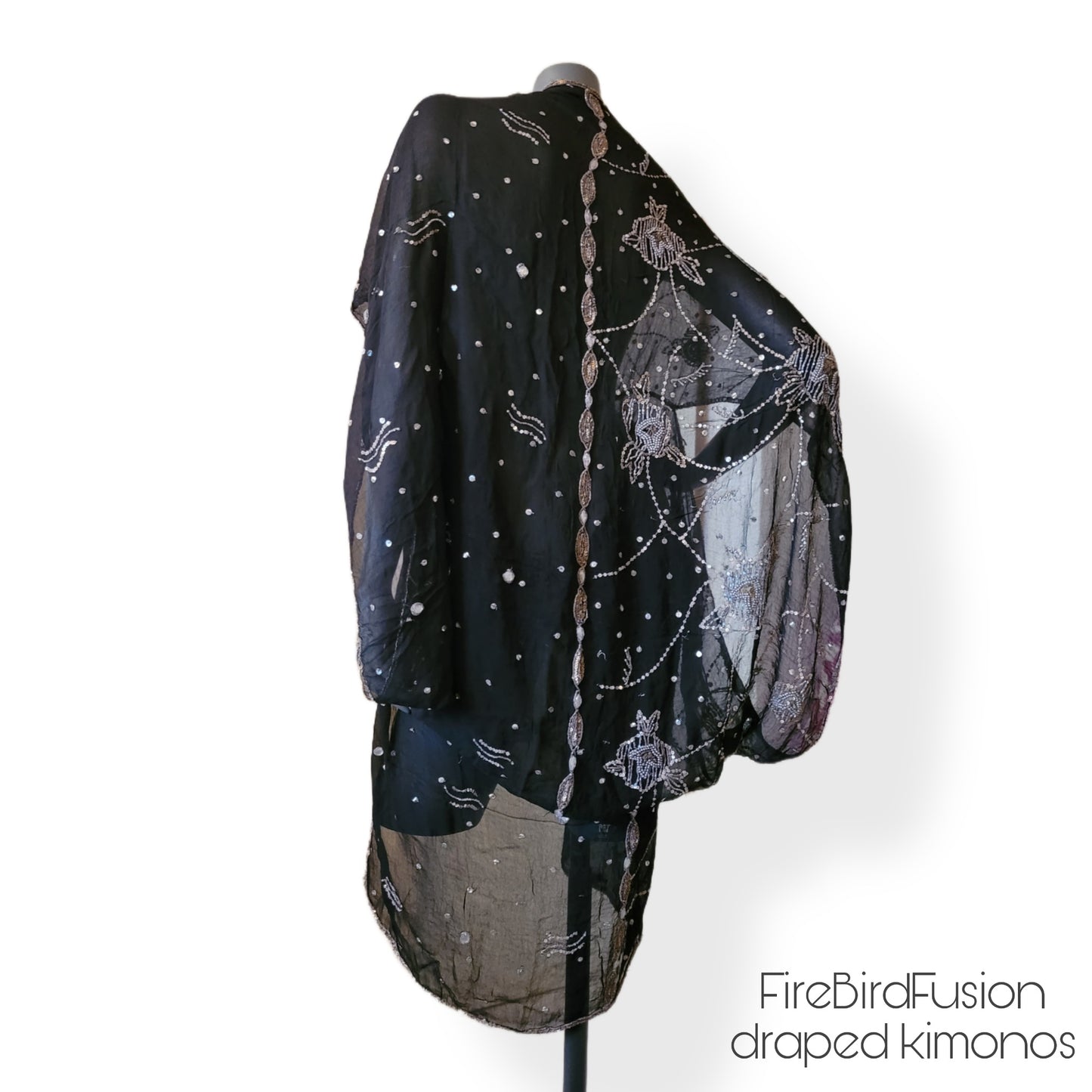 Draped kimono in black with golden embroidery (S)
