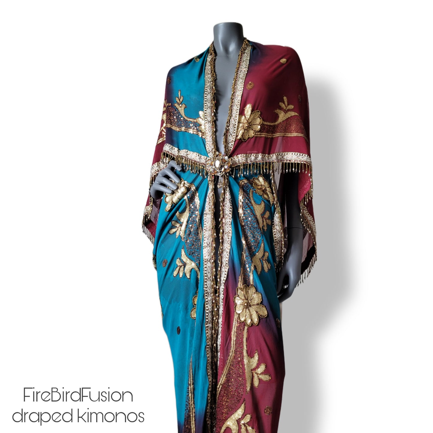 Draped kimono in peacock blue and wine red with elaborated embrodery and beaded trim (L)