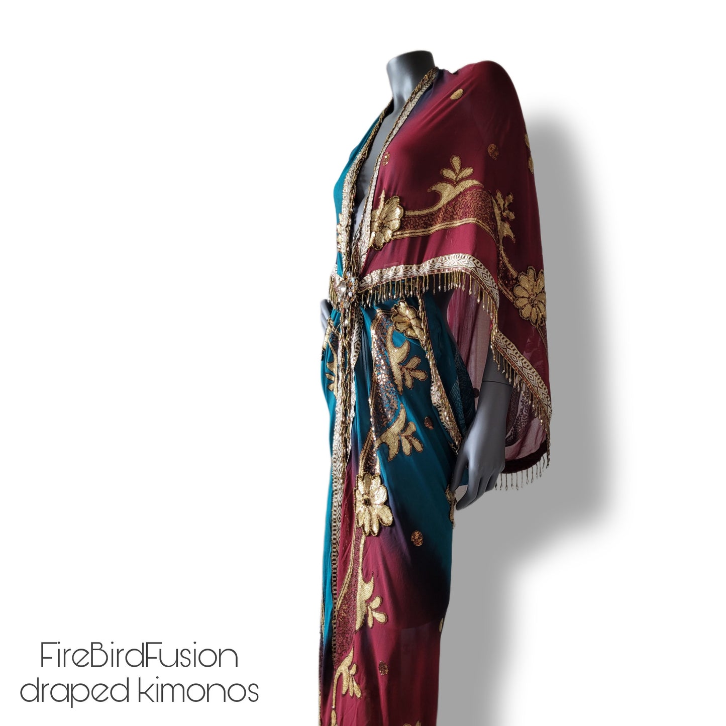 Draped kimono in peacock blue and wine red with elaborated embrodery and beaded trim (L)