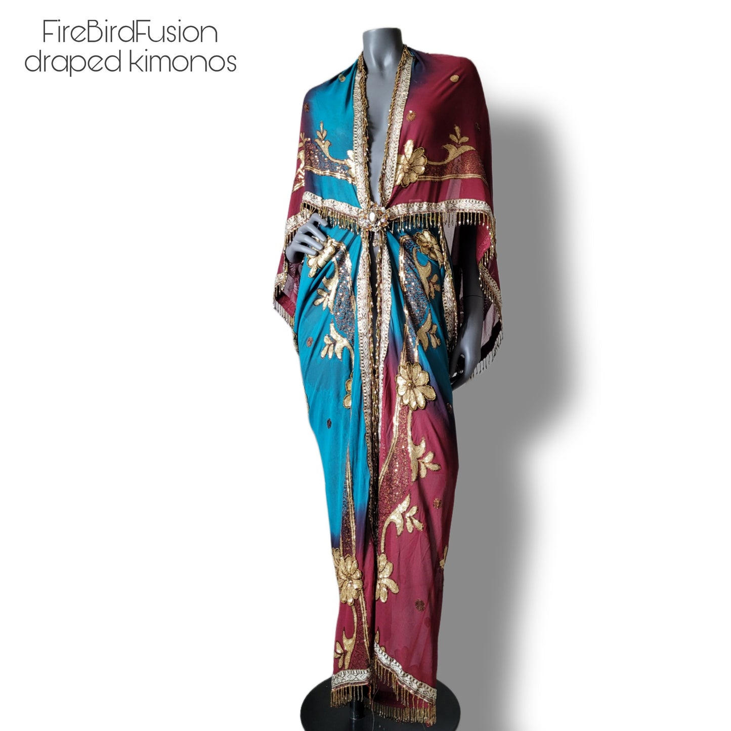 Draped kimono in peacock blue and wine red with elaborated embrodery and beaded trim (L)