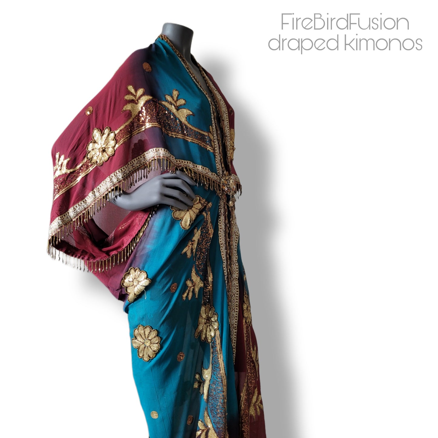 Draped kimono in peacock blue and wine red with elaborated embrodery and beaded trim (L)