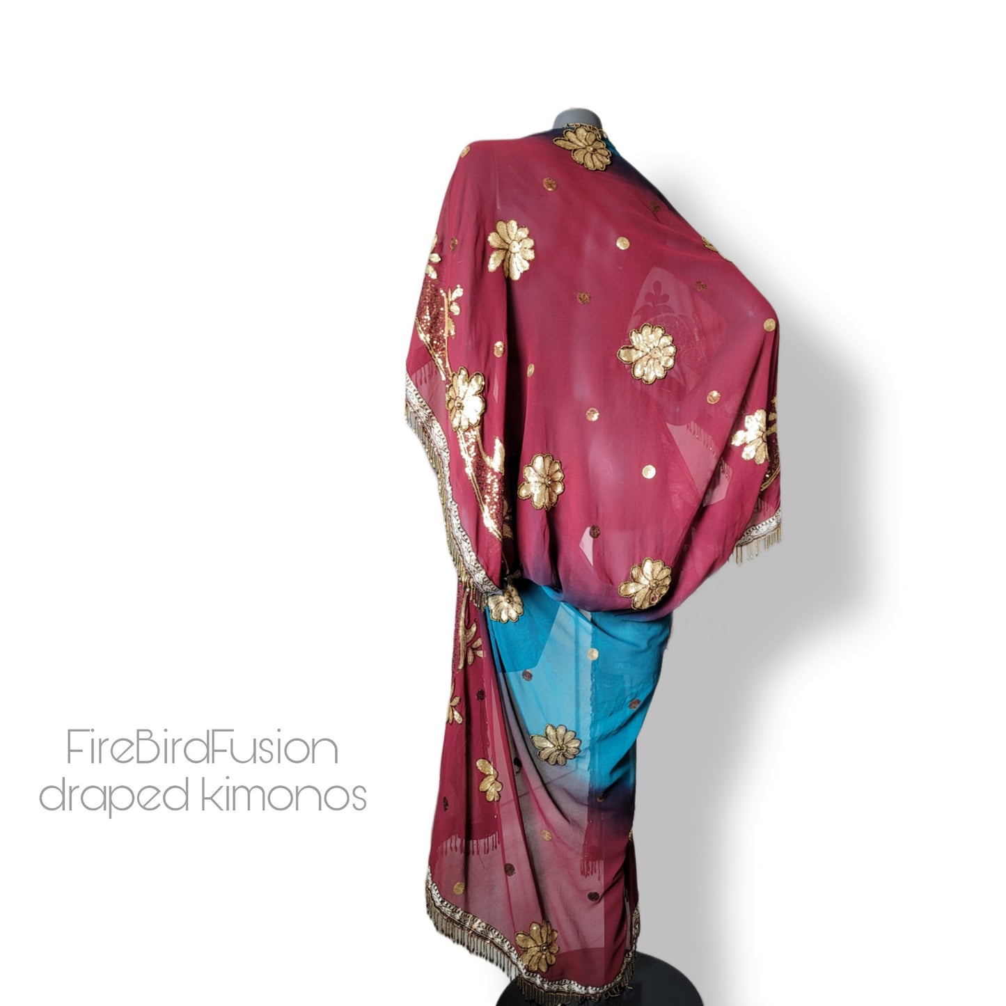 Draped kimono in peacock blue and wine red with elaborated embrodery and beaded trim (L)