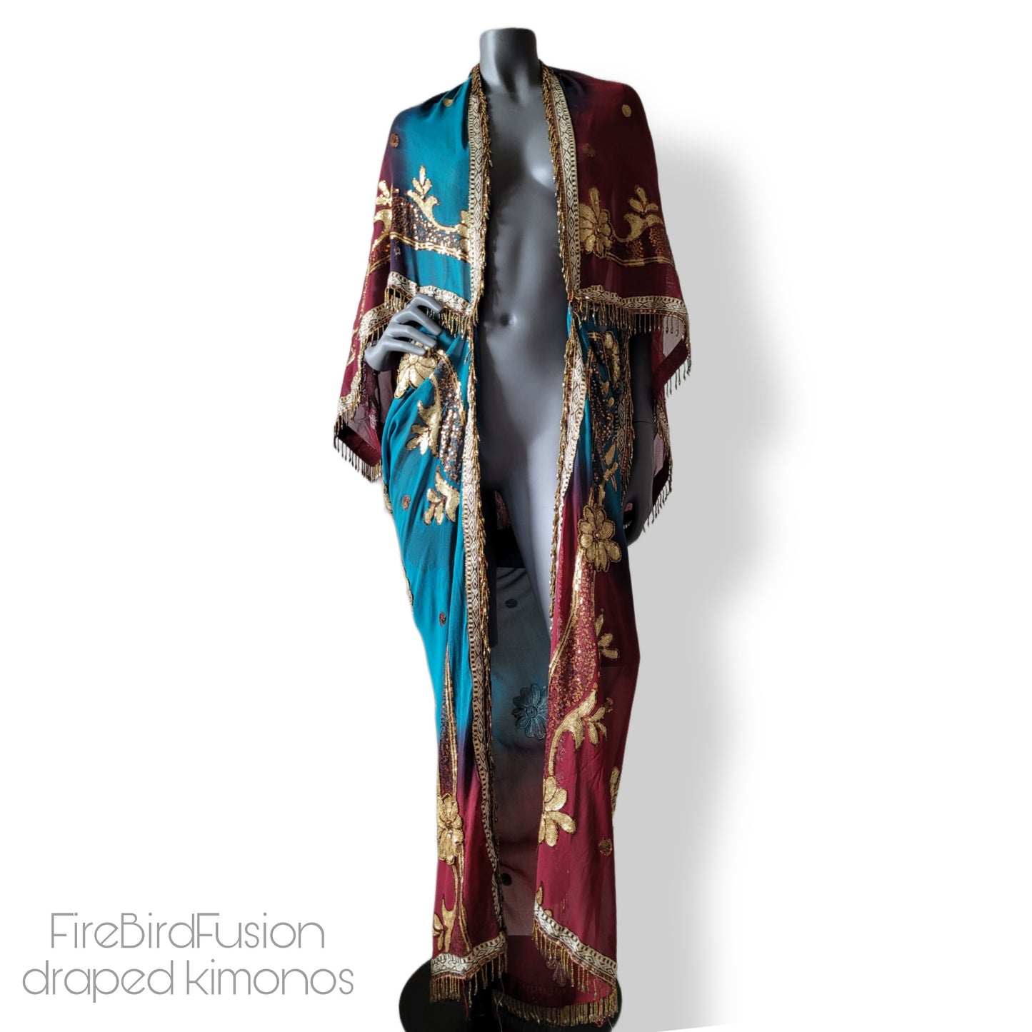 Draped kimono in peacock blue and wine red with elaborated embrodery and beaded trim (L)