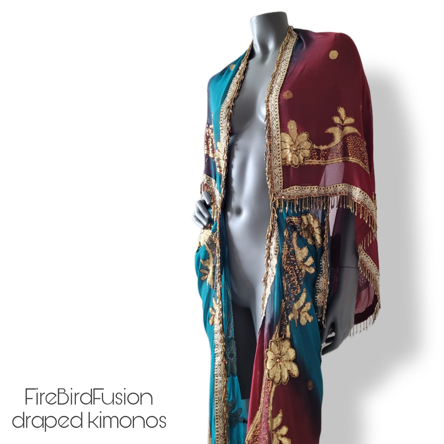 Draped kimono in peacock blue and wine red with elaborated embrodery and beaded trim (L)