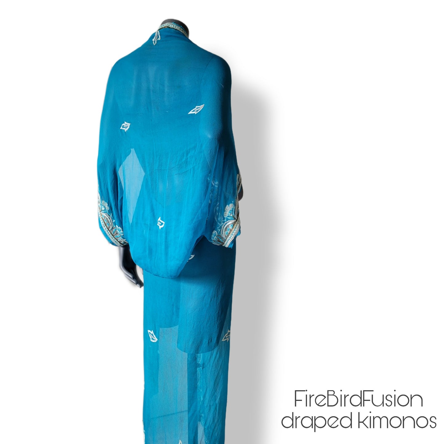 Luxurious blue draped kimono with beautiful hand embroidered trim (M)