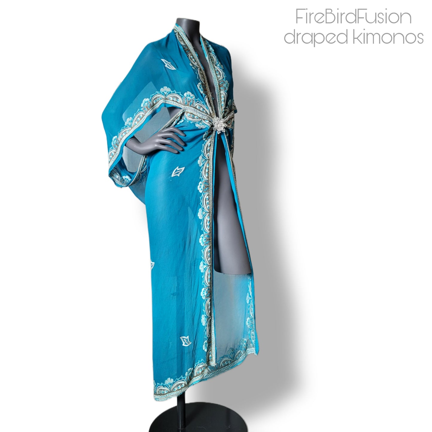 Luxurious blue draped kimono with beautiful hand embroidered trim (M)