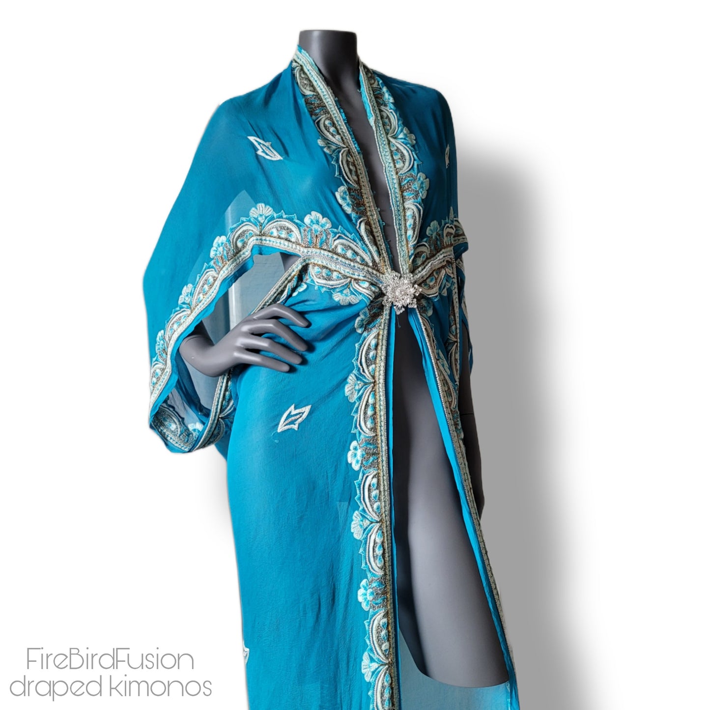 Luxurious blue draped kimono with beautiful hand embroidered trim (M)