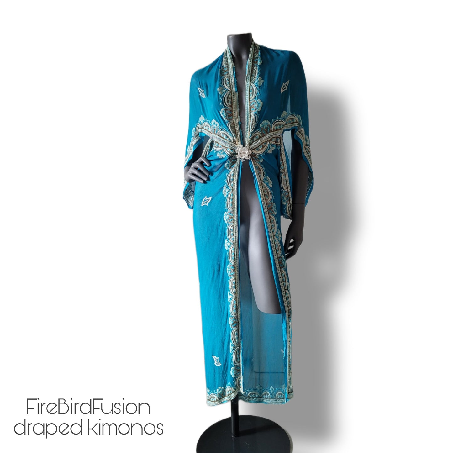 Luxurious blue draped kimono with beautiful hand embroidered trim (M)