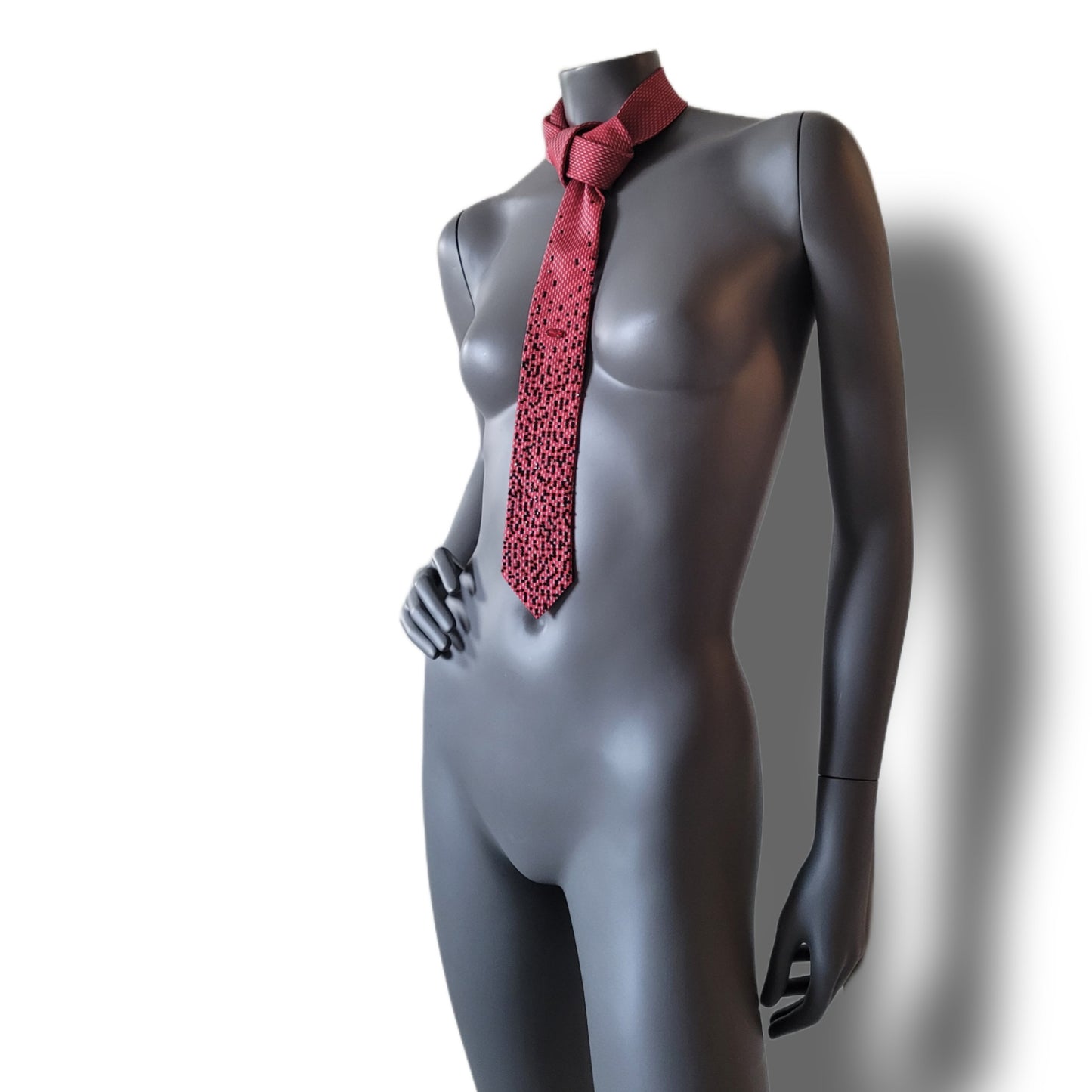 Depth of the Rabbit Hole collection: Red Pill I tie, Matrix inspired necktie with one large red crystal and smaller black glass crystals