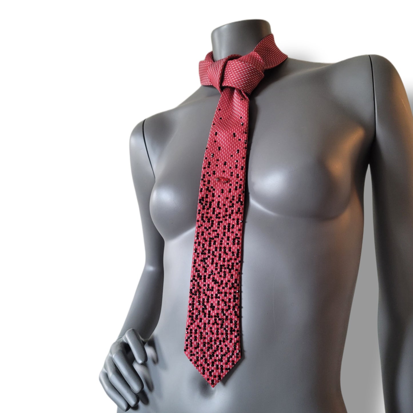 Depth of the Rabbit Hole collection: Red Pill I tie, Matrix inspired necktie with one large red crystal and smaller black glass crystals