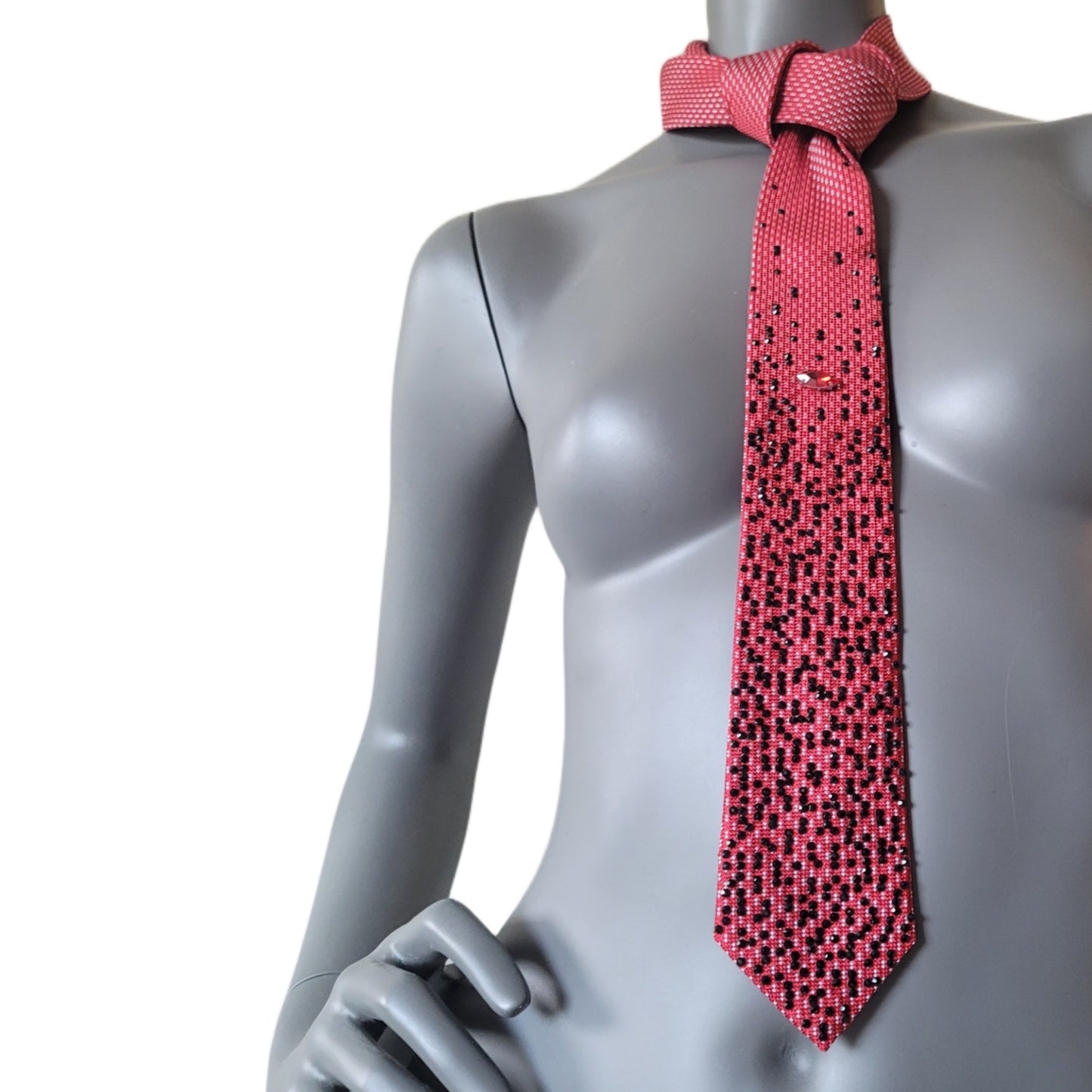 Depth of the Rabbit Hole collection: Red Pill I tie, Matrix inspired necktie with one large red crystal and smaller black glass crystals