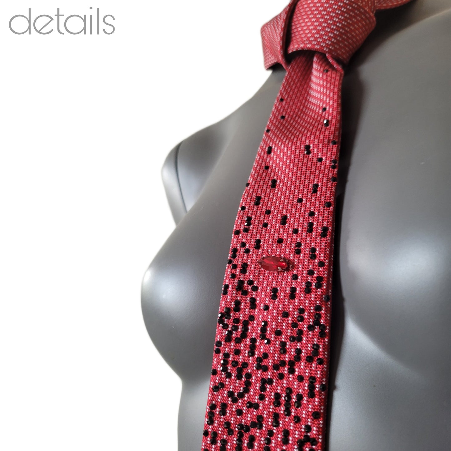 Depth of the Rabbit Hole collection: Red Pill I tie, Matrix inspired necktie with one large red crystal and smaller black glass crystals
