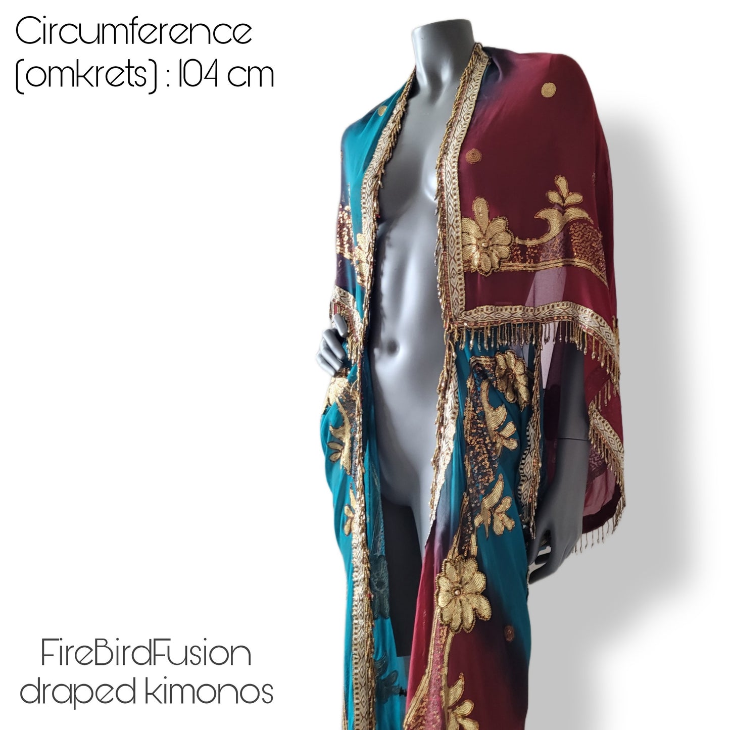 Draped kimono in peacock blue and wine red with elaborated embrodery and beaded trim (L)