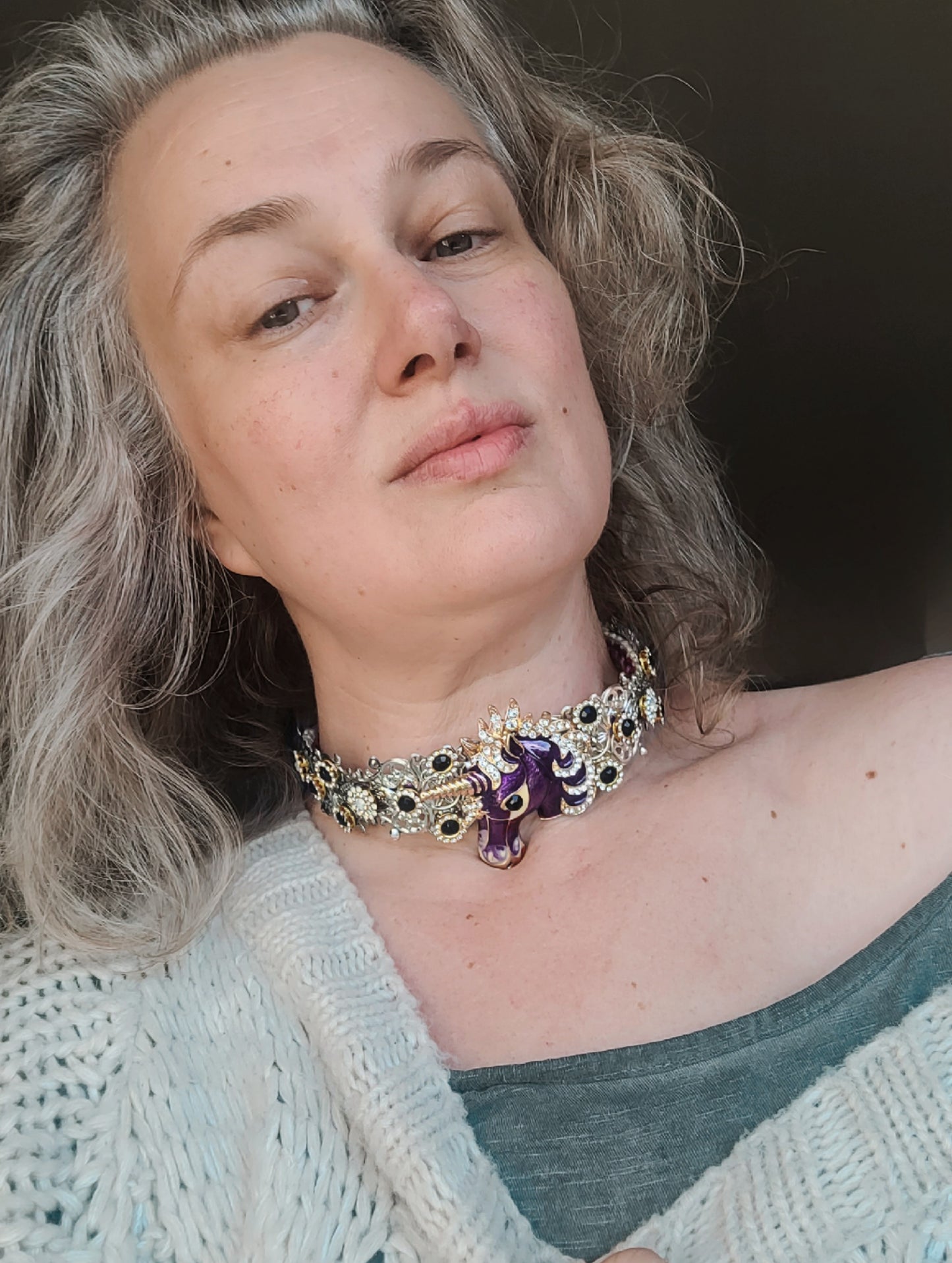 WhatEver collection: The Pierce My Purple Heart metal choker with a purple unicorn head, sparkling glass crystals and rhinestones