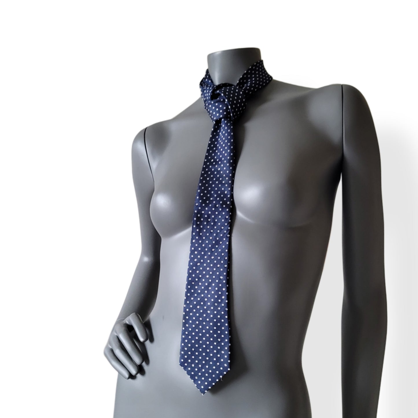 Another Dance collection: Raindrops Keep Fallin' tie, vintage slim navy blue silk necktie with small white dots and crystal clear glass crystals