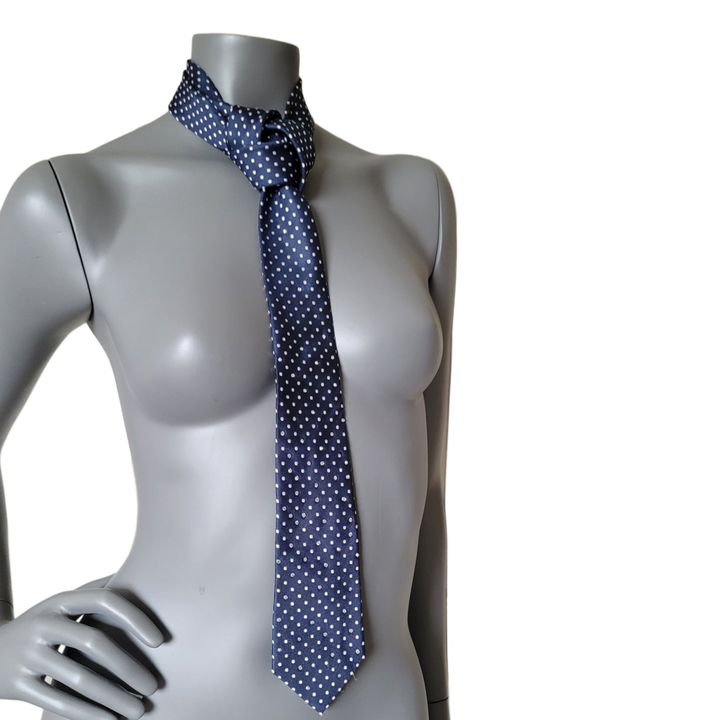 Another Dance collection: Raindrops Keep Fallin' tie, vintage slim navy blue silk necktie with small white dots and crystal clear glass crystals