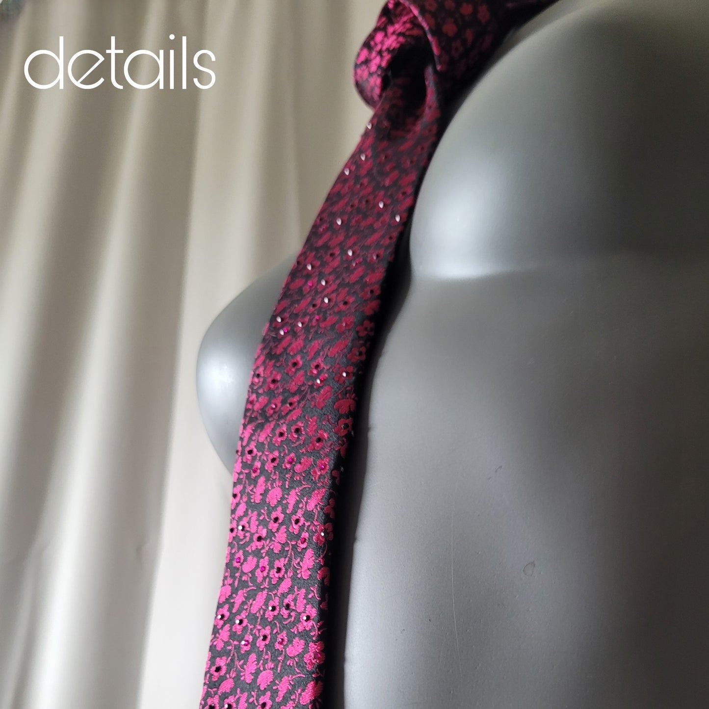 Another Dance collection: Red Flowers tie, vintage black slim silk necktie with small rose red/cerise flowers, adorned with shimmering cerice and jet black glass crystals