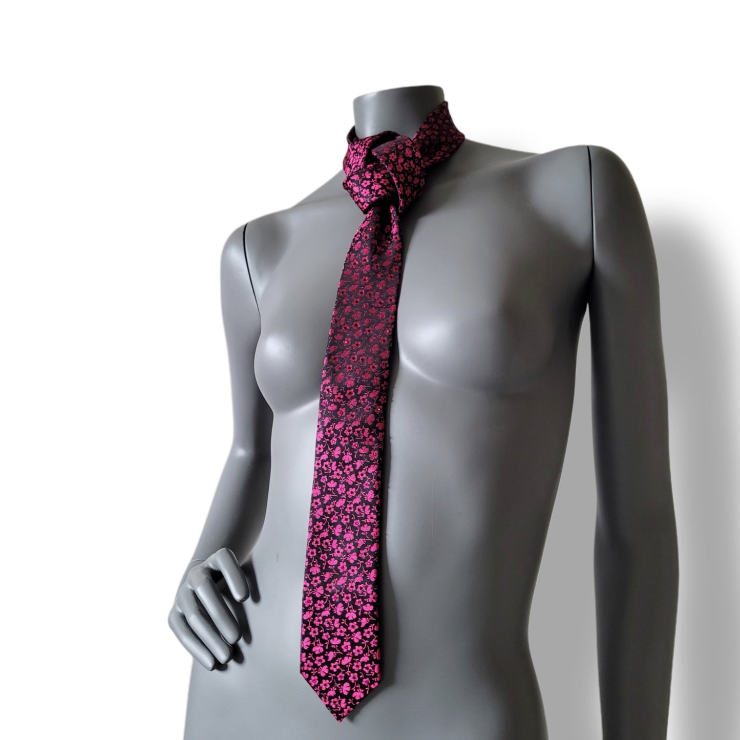 Another Dance collection: Red Flowers tie, vintage black slim silk necktie with small rose red/cerise flowers, adorned with shimmering cerice and jet black glass crystals