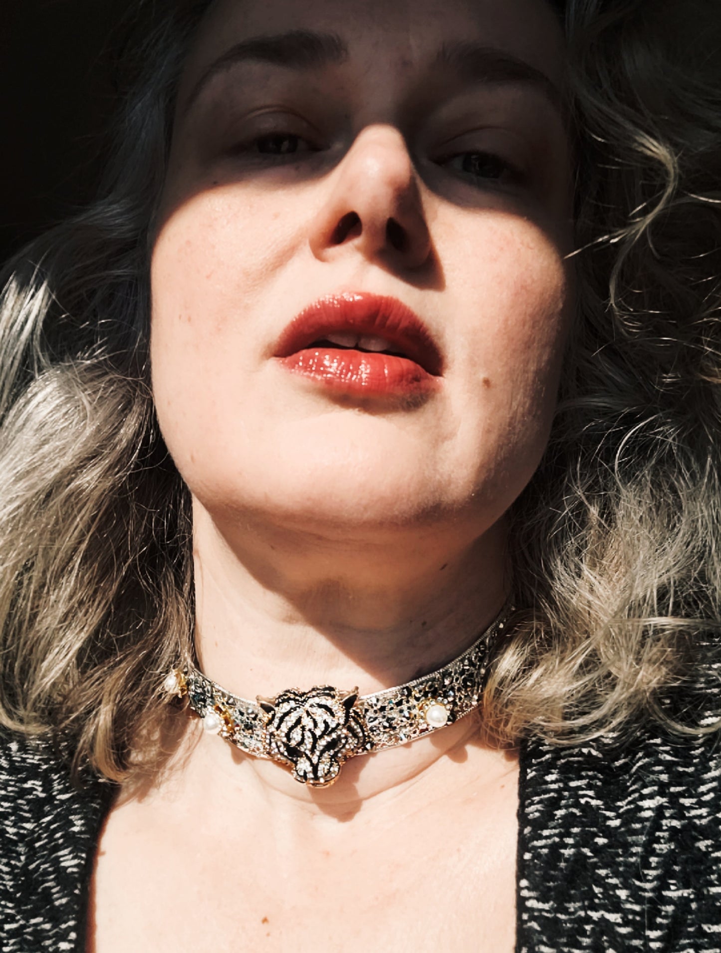 WhatEver collection: The Sansin metal choker with a crystal encrusted guardian spirit tiger, faux pearls and glass crystals