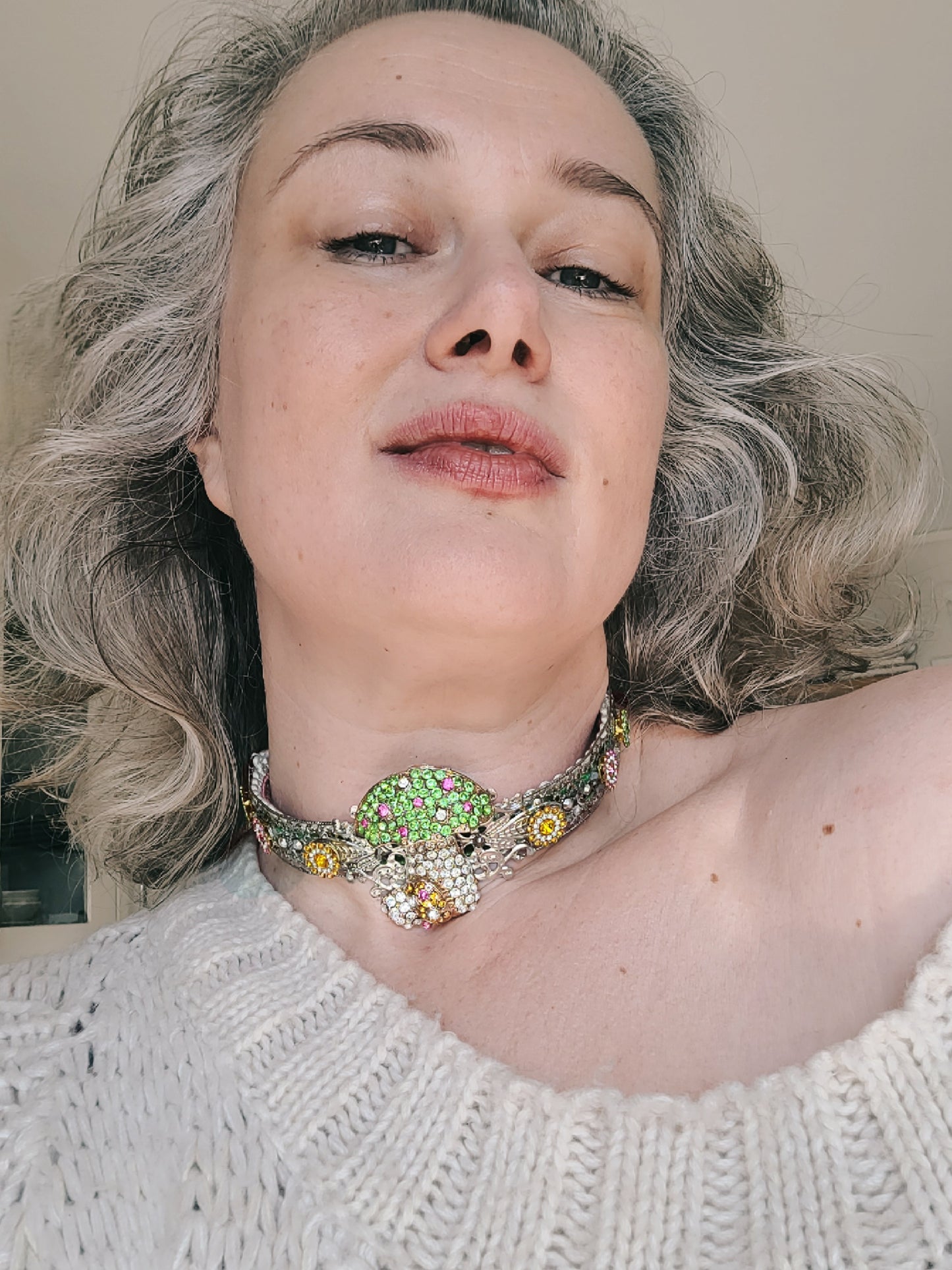 WhatEver collection: The Schrooooooom! metal choker with green and pink mushrooms, and hight quality glass crystals in pink, green, yellow and clear crystal