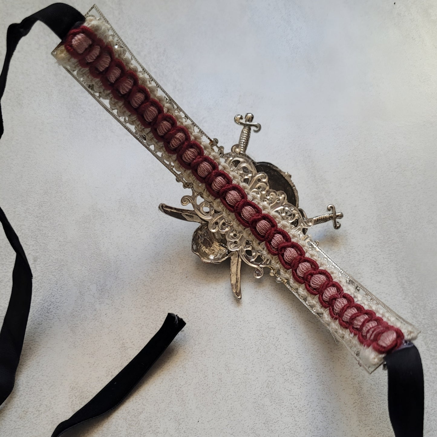 WhatEver collection: The Seize My Soul metal choker with a crystal encrusted jolly roger pirate skull and crossed swords, high quality glass crystals and faux pearls