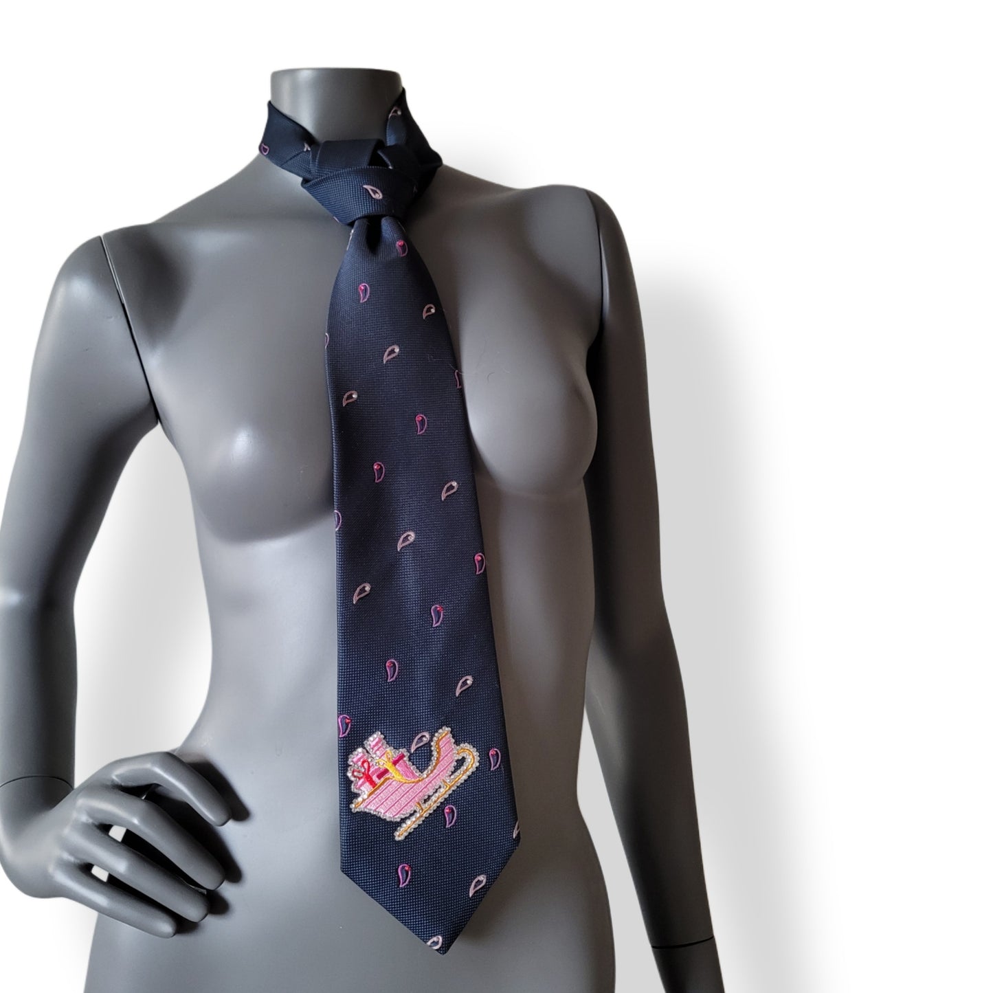 Another Dance collection, Christmas 2025 edition: Sleigh Ride tie, vintage navy polyester necktie with drop pattern in pink shades turned into Christmas spirit with Santa's pink sleigh and shimmering glass crystals