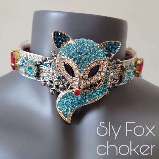 WhatEver collection: The Sly Fox metal choker with a turquoise blue fox, blood red drop shaped crystals, faux pearls and hight quality glass crystals