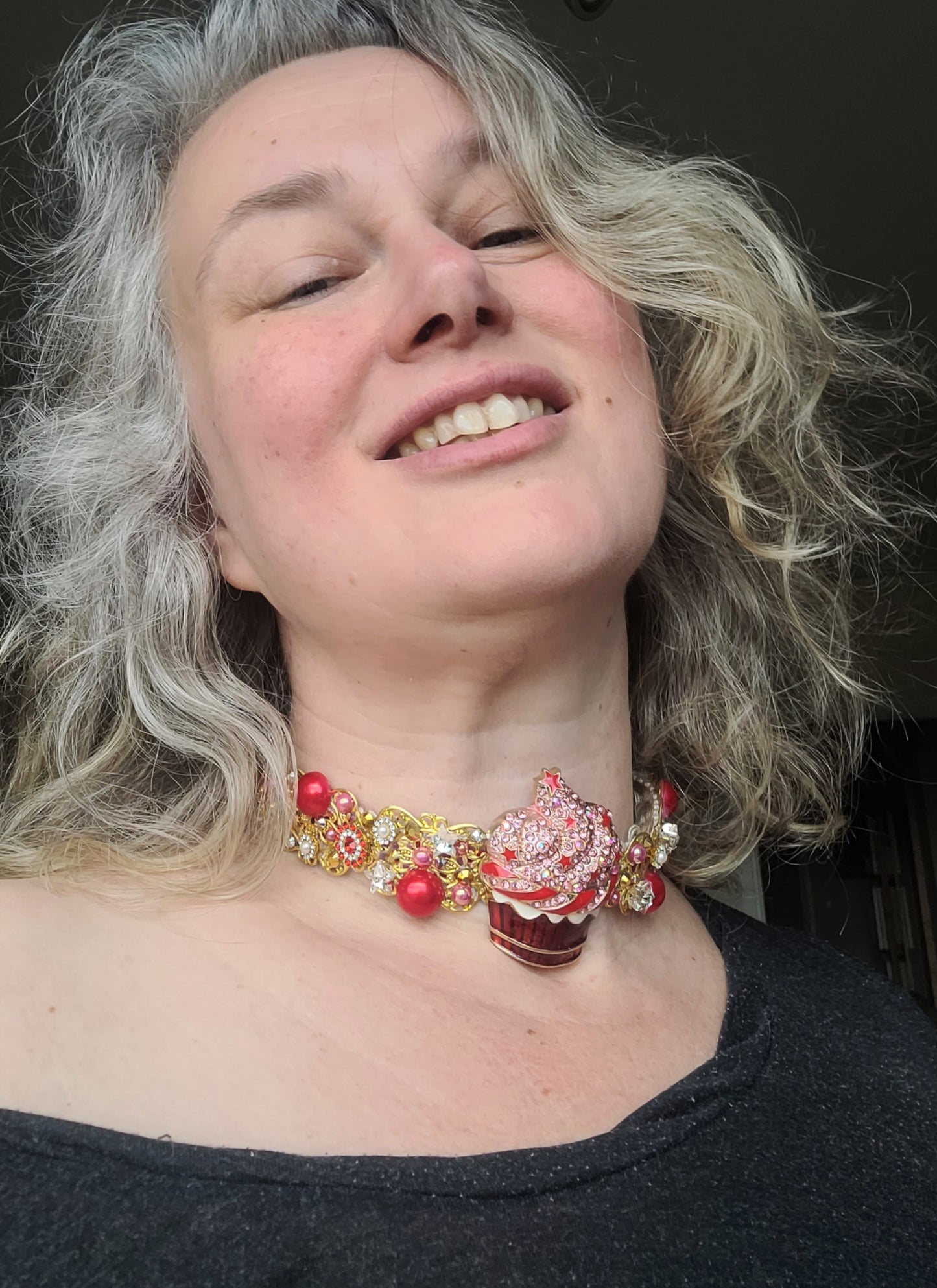 WhatEver collection: The Space Cupcake metal choker with a cupcake with star sprinkled glaze, star shaped glass crystals, rhinestones, and and faux red pearls