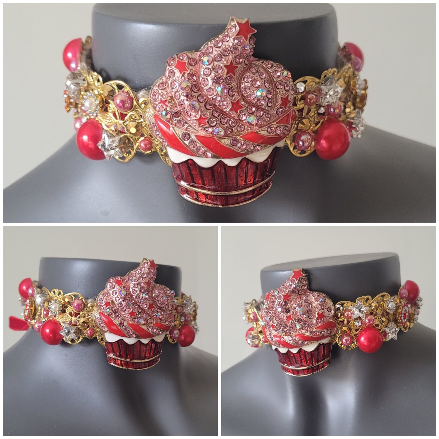 WhatEver collection: The Space Cupcake metal choker with a cupcake with star sprinkled glaze, star shaped glass crystals, rhinestones, and and faux red pearls