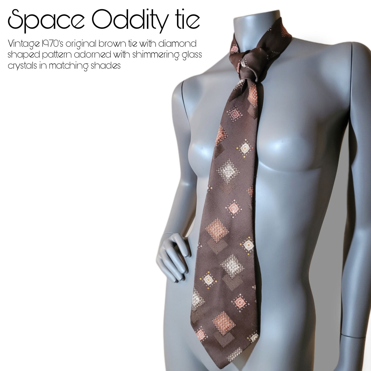 Another Dance collection: Space Oddity tie, original 70's retro brown polyester necktie with diamond shaped pattern in brown and orange, adorned with shimmering glass crystals in matching shades