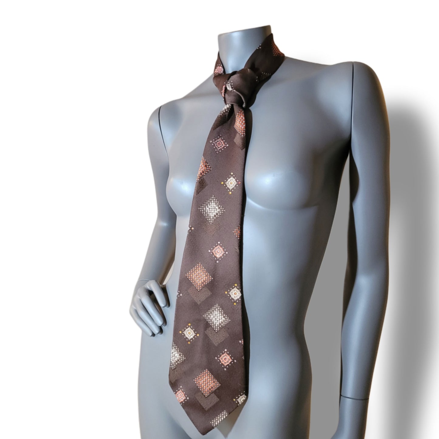 Another Dance collection: Space Oddity tie, original 70's retro brown polyester necktie with diamond shaped pattern in brown and orange, adorned with shimmering glass crystals in matching shades