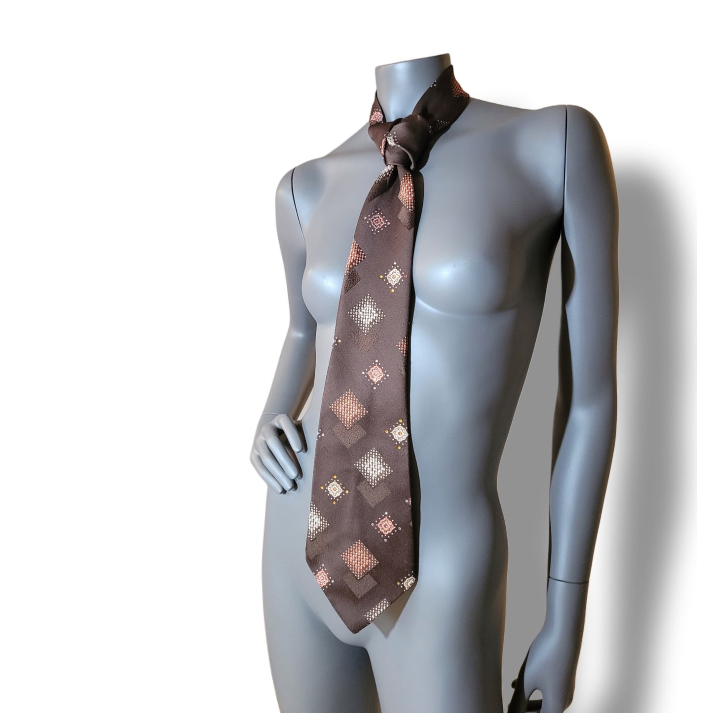 Another Dance collection: Space Oddity tie, original 70's retro brown polyester necktie with diamond shaped pattern in brown and orange, adorned with shimmering glass crystals in matching shades