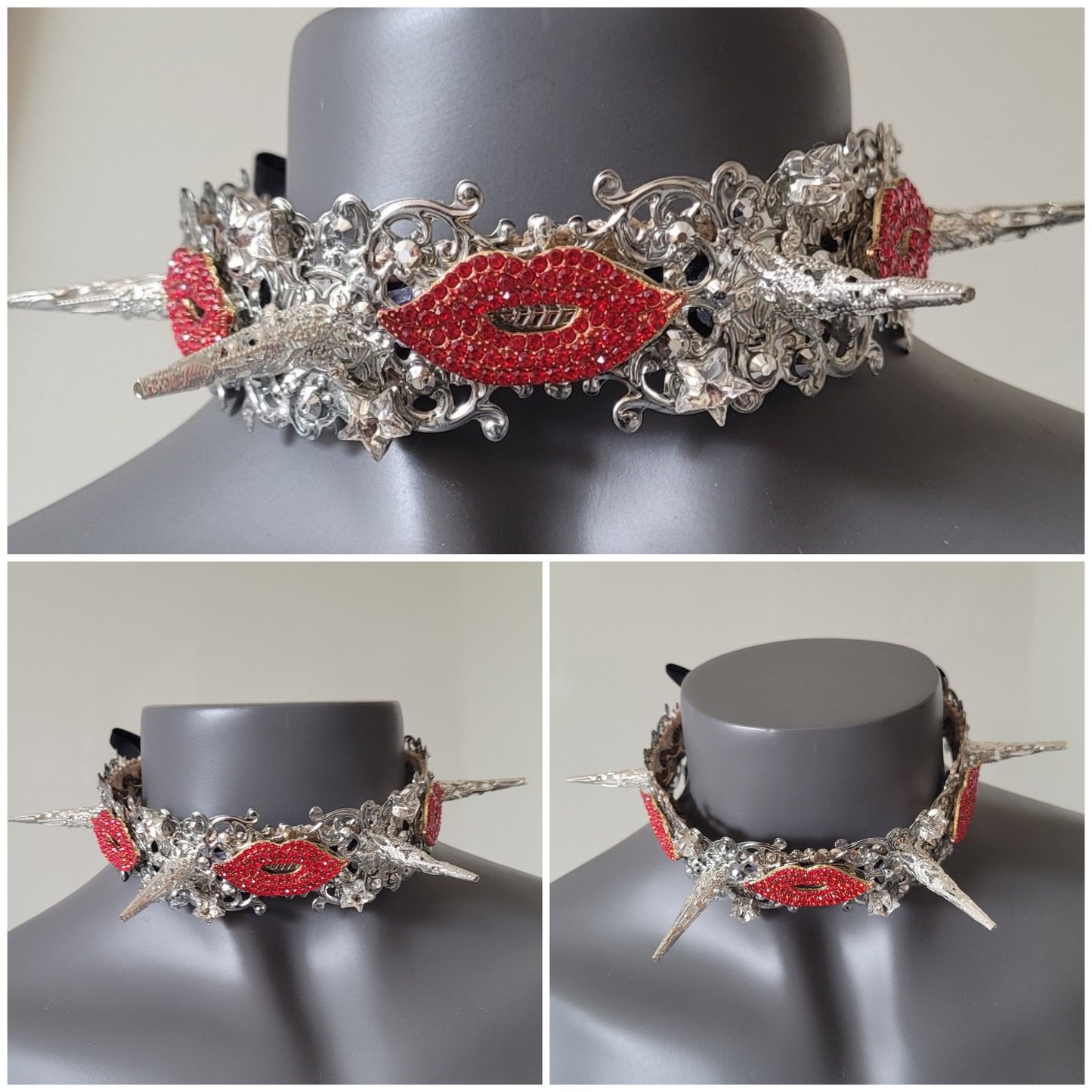 WhatEver collection: The Speak Up metal choker with three red lips, filigree spikes, rhinestones and glass crystals stars (update photos before launch)