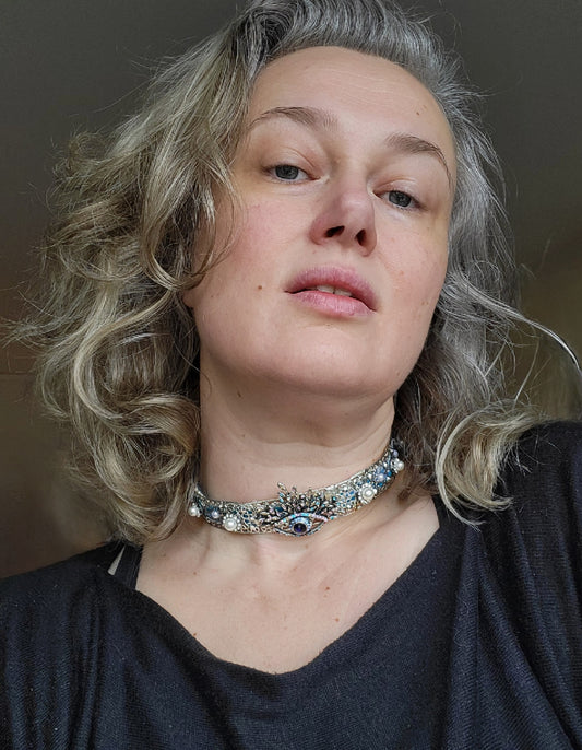 WhatEver collection: The Steady Gaze metal choker with a crystal encrusted allseeing eye, faux pearls and glass crystals