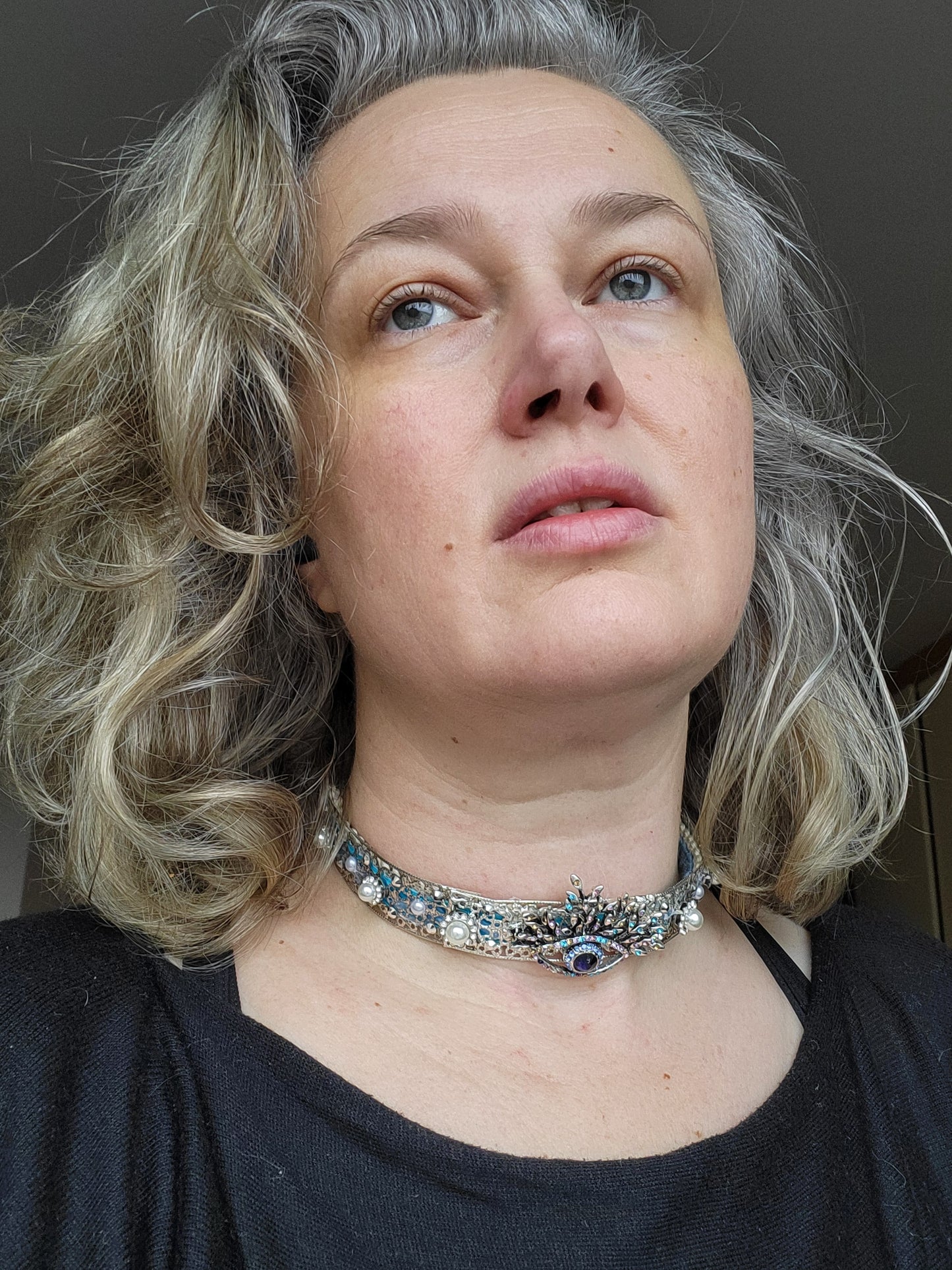WhatEver collection: The Steady Gaze metal choker with a crystal encrusted allseeing eye, faux pearls and glass crystals