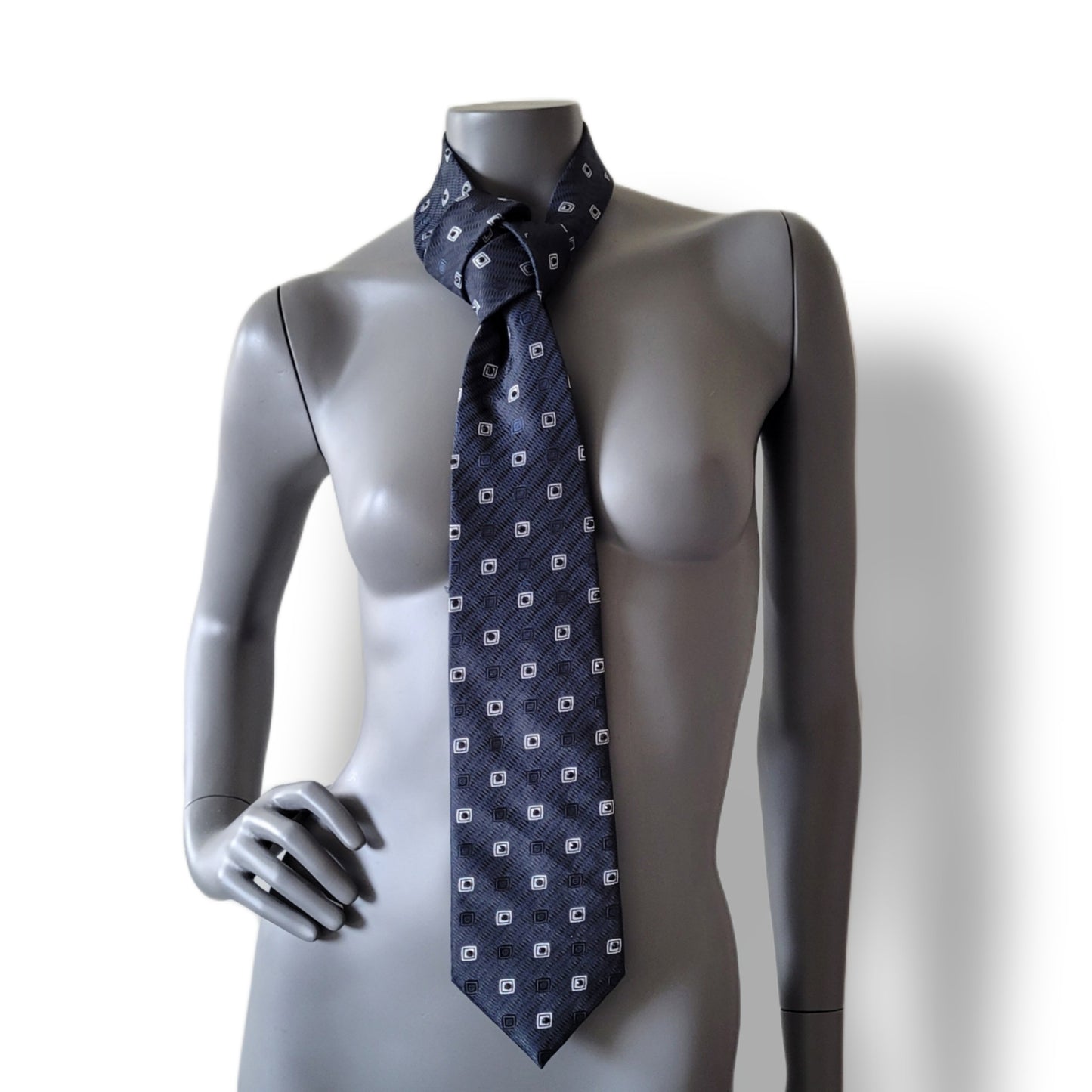 Another Dance collection: Stop the Noice tie, black silk necktie with square pattern in white adorned with jet black glass crystals