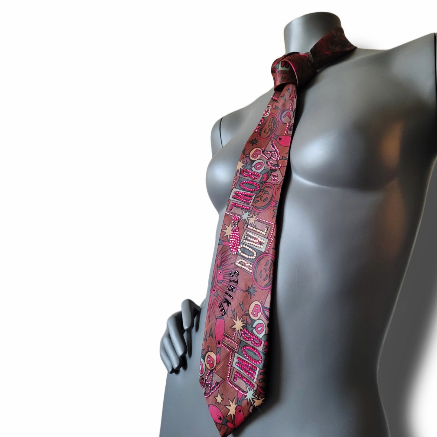 Sportmania collection: Strike tie, retro bowling print necktie with glass crystals