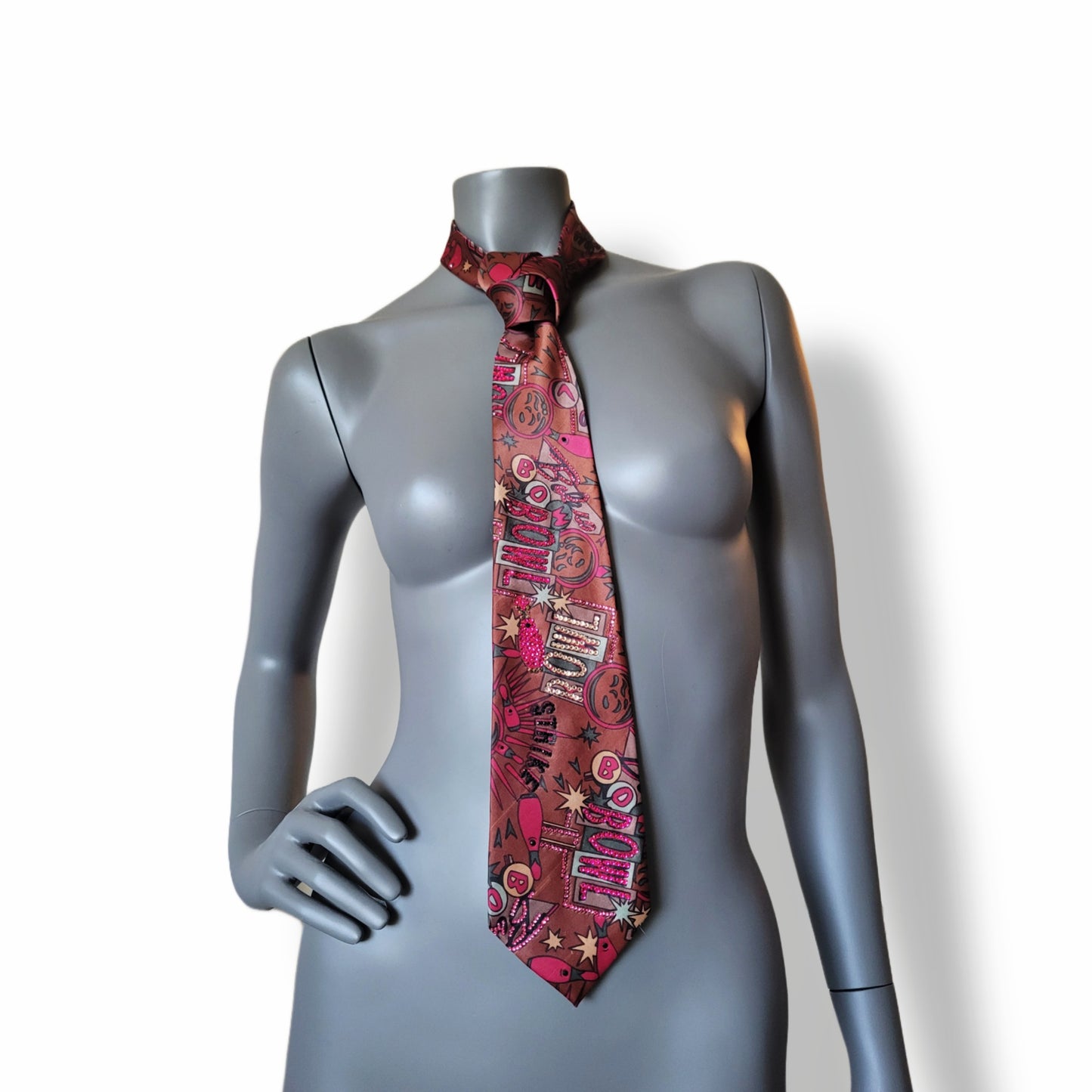 Sportmania collection: Strike tie, retro bowling print necktie with glass crystals
