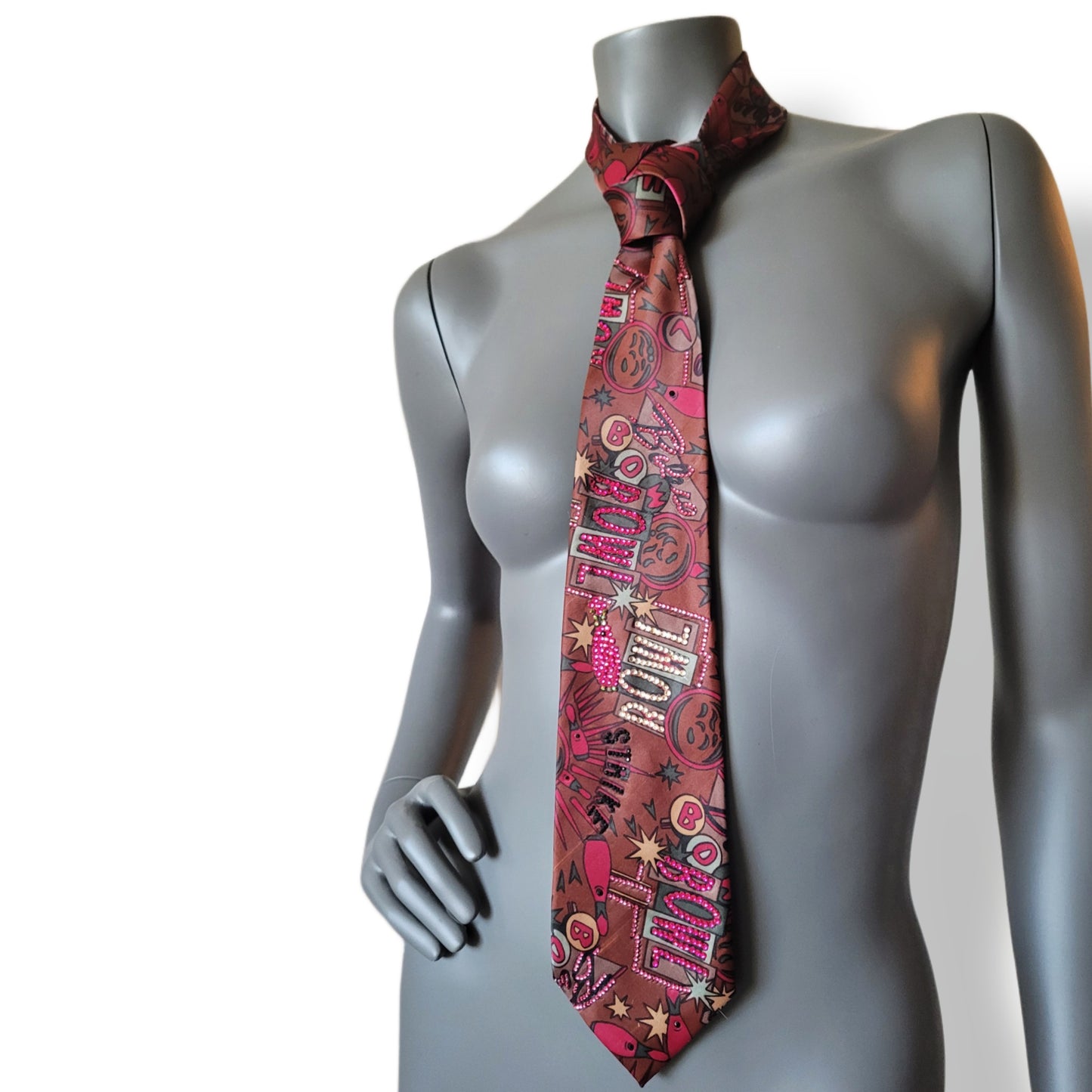 Sportmania collection: Strike tie, retro bowling print necktie with glass crystals