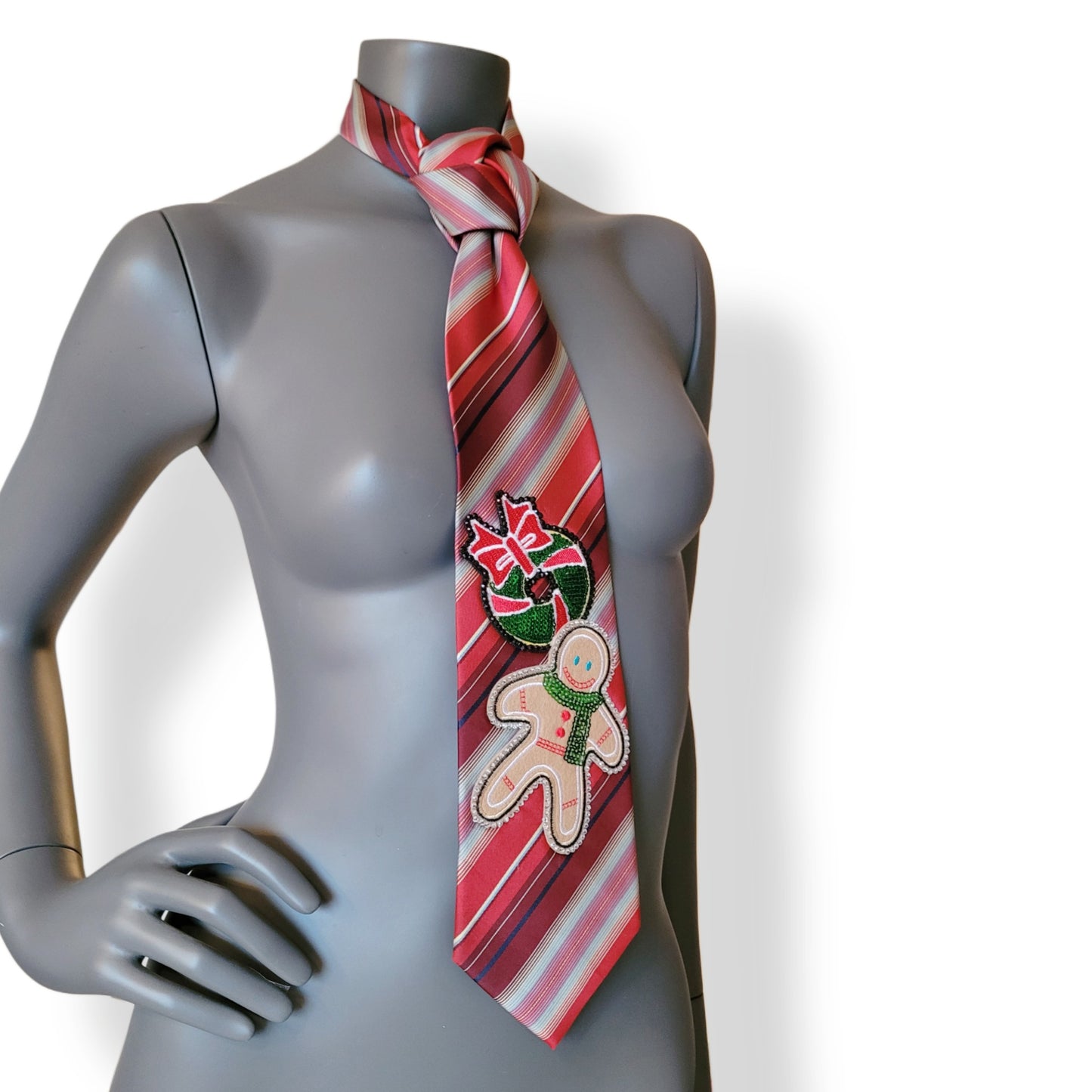 Another Dance collection: Sweet Gingerbread Man tie, vintage diagonally striped polyester necktie in shades of red with Christmas wreath and gingerbread man sequin appliques, adorned with shimmering glass crystals in black and clear crystal
