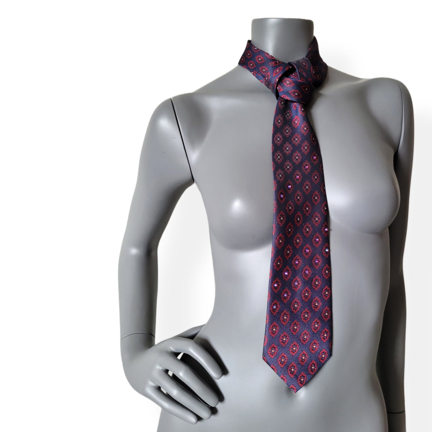 Another Dance collection: Sympathy for the Devil tie, retro marine blue and red polyester necktie with medallion pattern adorned with glass crystals shifting in red and blue