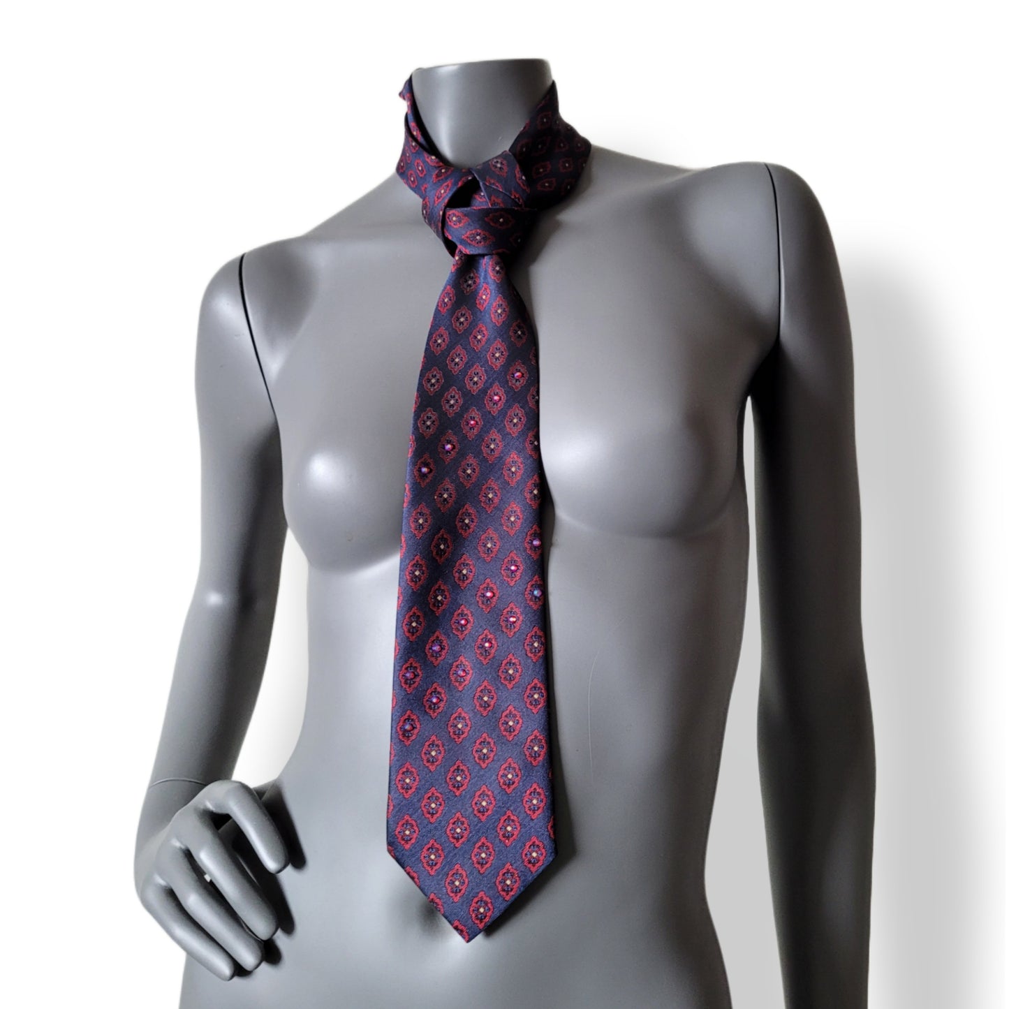 Another Dance collection: Sympathy for the Devil tie, retro marine blue and red polyester necktie with medallion pattern adorned with glass crystals shifting in red and blue