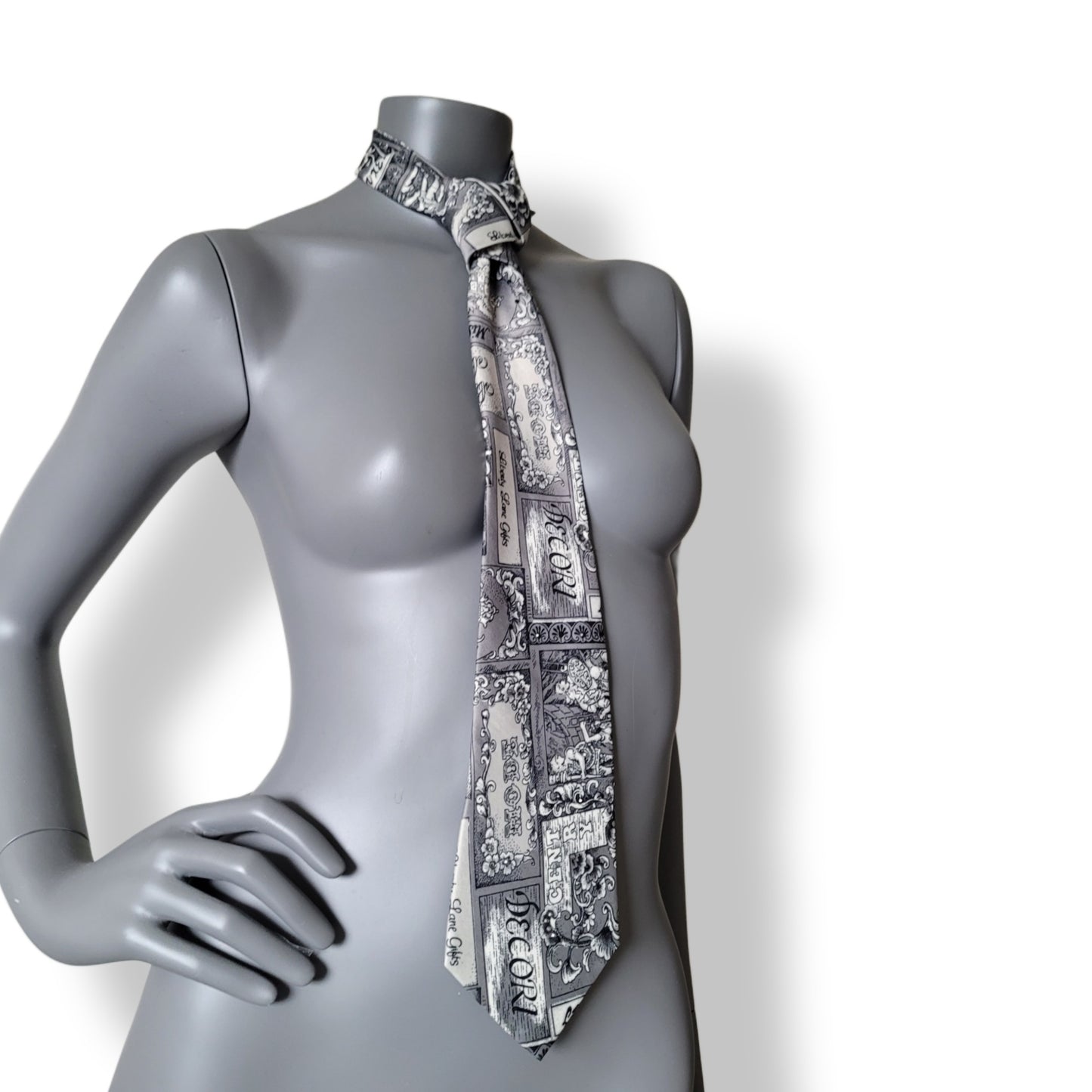 Another Dance collection: The Letters tie, vintage silk necktie with literature inspired print in black, white, and gray, adorned with shimmering glass crystals in shades of black, silver and clear crystal