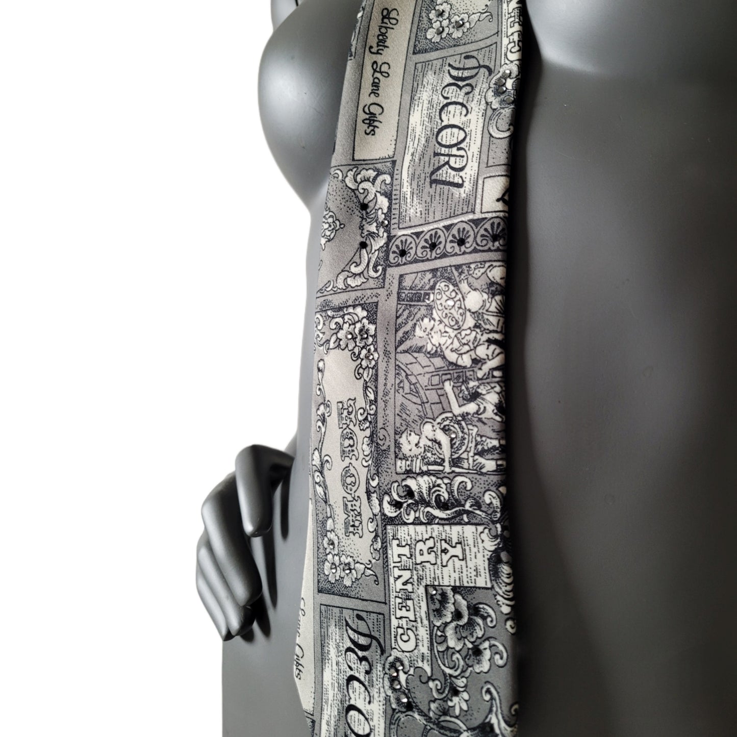 Another Dance collection: The Letters tie, vintage silk necktie with literature inspired print in black, white, and gray, adorned with shimmering glass crystals in shades of black, silver and clear crystal