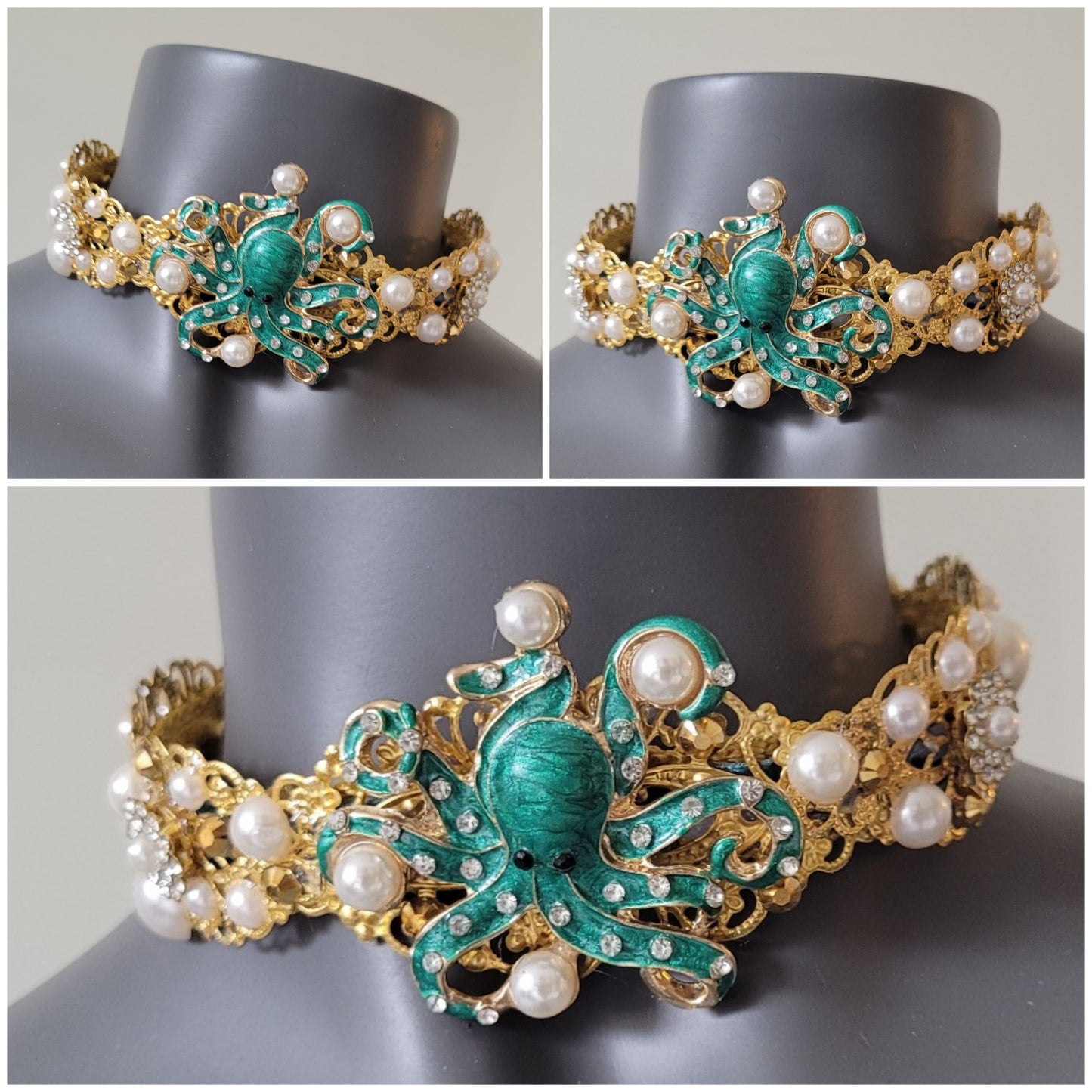 WhatEver collection: Underwater Catch metal choker with a green octapus throwing around faux pearls surrounded by pearls and shimmering glass crystals